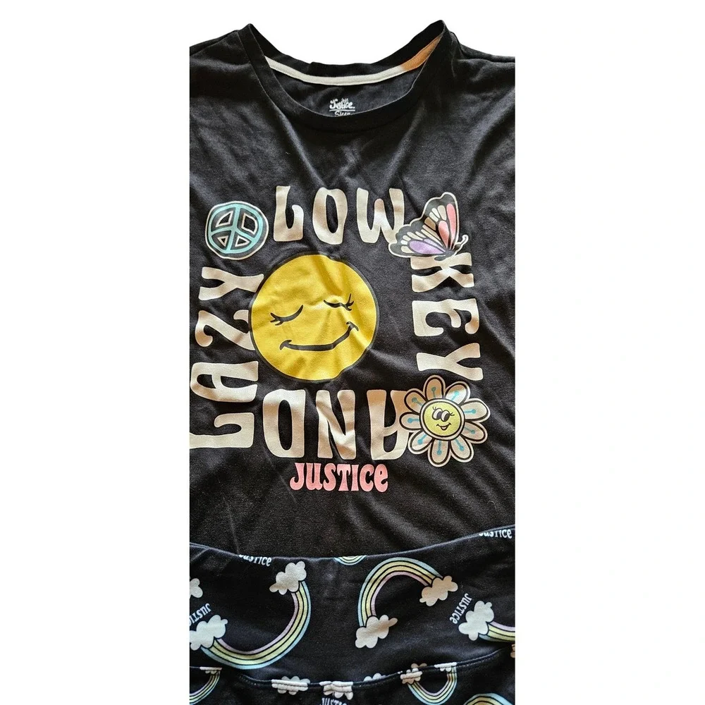 Justice Girls‎ Sleep Pajama Set XL Black Low Key Lazy Sunday Rainbow Shorts